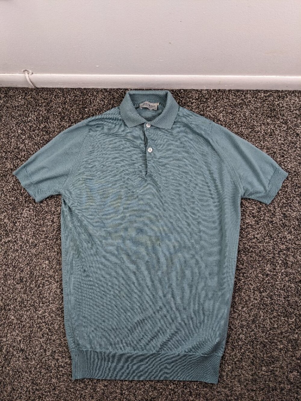 John Smedley Polo Shirt Extra Fine New Zealand Wool Blue Mens Small *Flaws